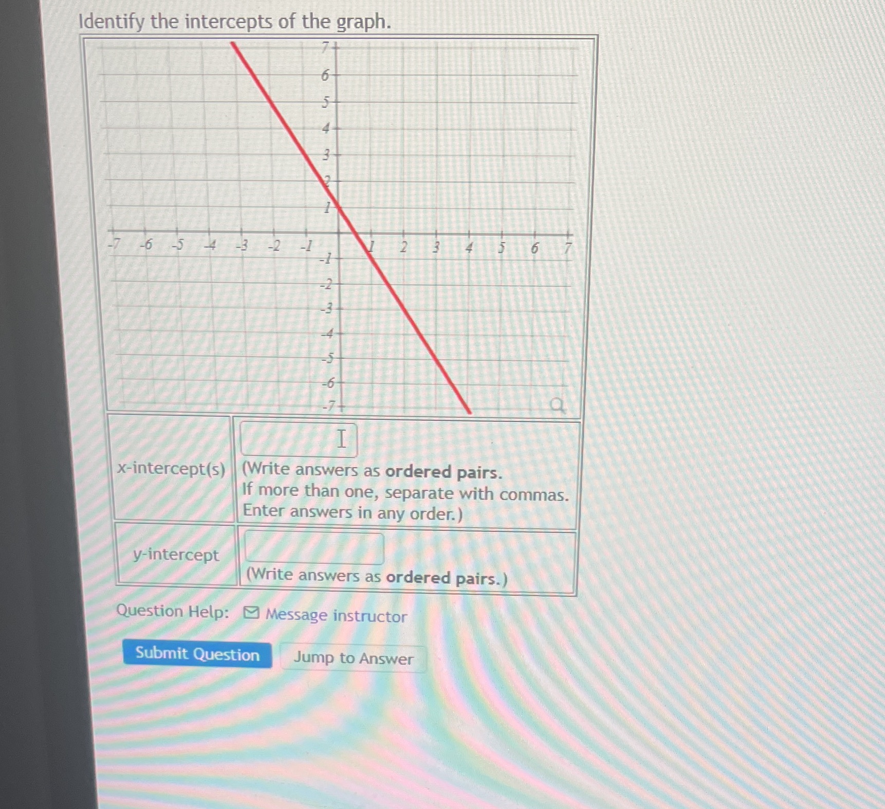 Identify the intercepts of the graph. -7 6 - 5 4