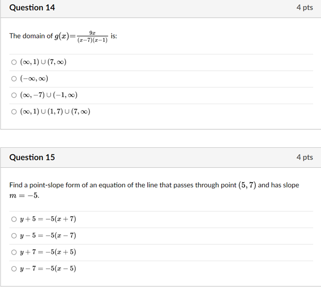 Question 14 4 pts The domain of g(@ )=- 91