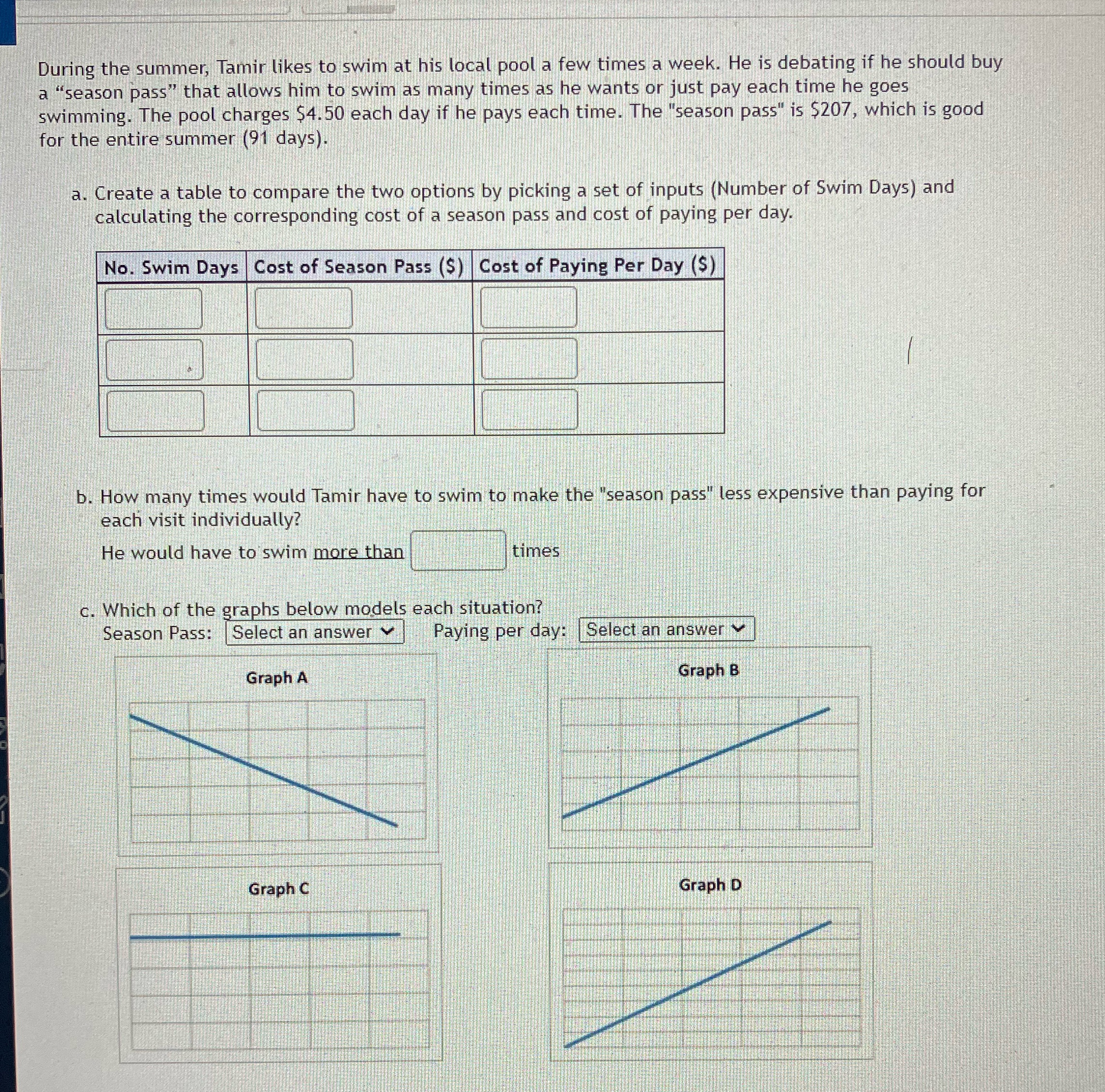 During the summer, Tamir likes to swim at his