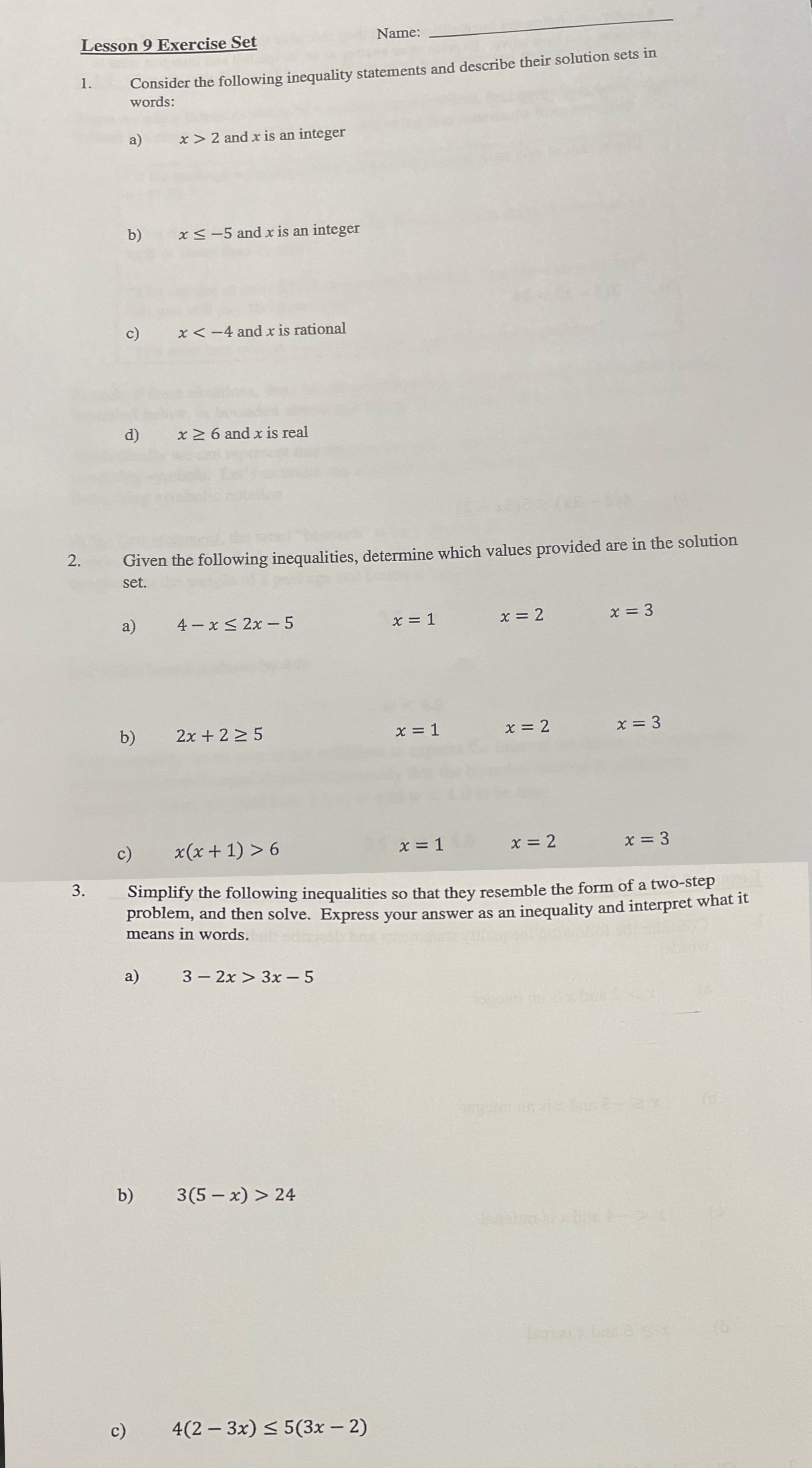 Lesson 9 Exercise Set Name: 1. Consider the