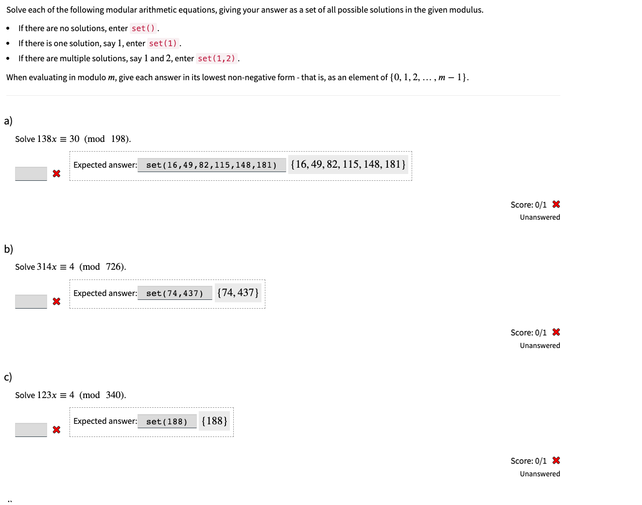 Solve each of the following modular arithmetic