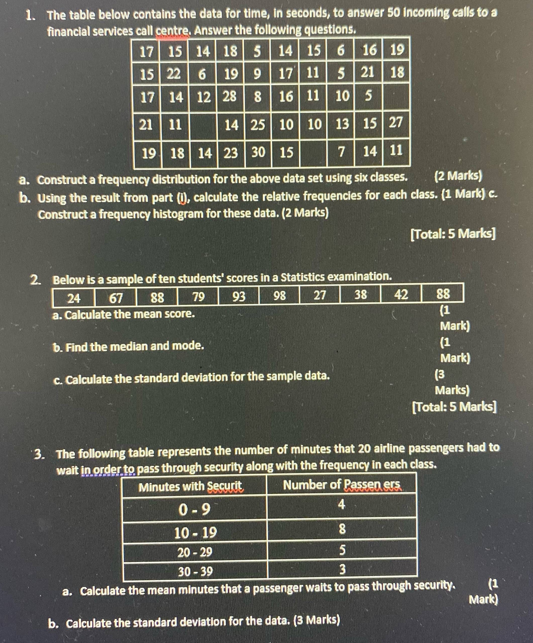 1. The table below contains the data for time, in
