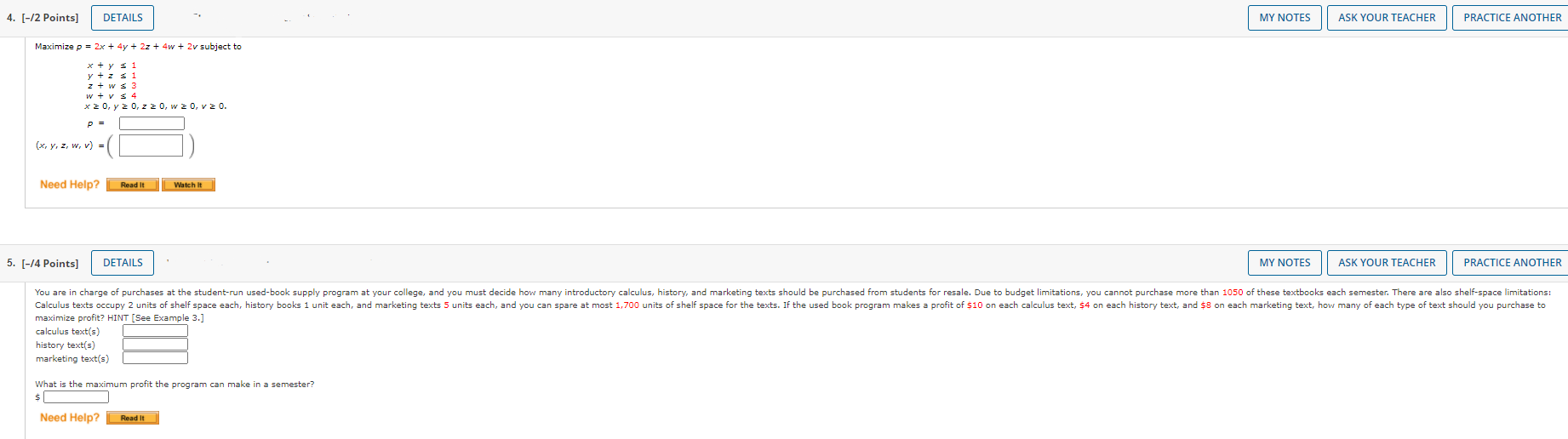 a. Maximize p =2 x +4 y +2 z +4 w +2 v subject to