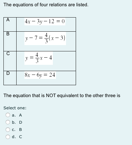 The equations of four relations are listed. A 4x