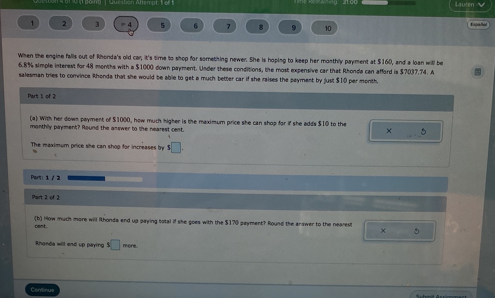 Time Remaining: 31:00 Lauren V 4 01 10 (1 point)