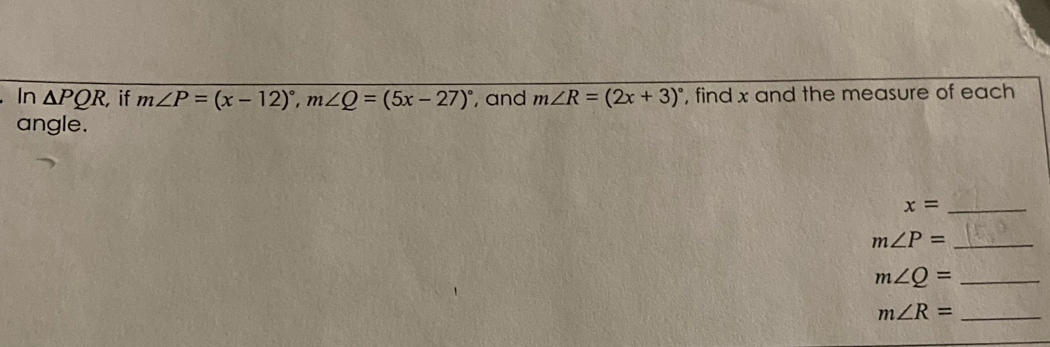 M In APOR, if mLP = (x - 12), mzQ = (5x -27), and