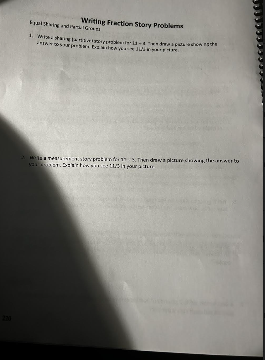 Writing Fraction Story Problems Equal Sharing and