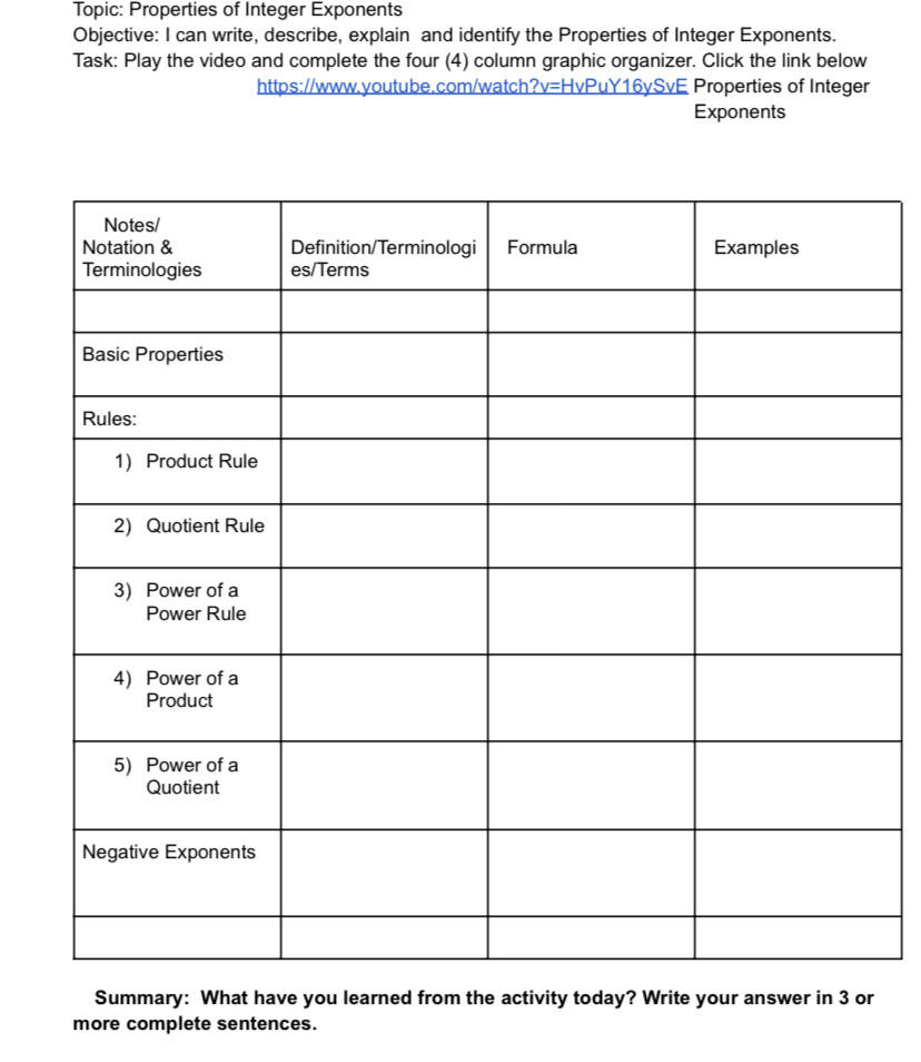 Topic: Properties of Integer Exponents Objective:
