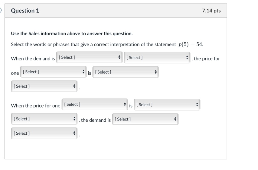Question 1 114 pts Use the Sales information