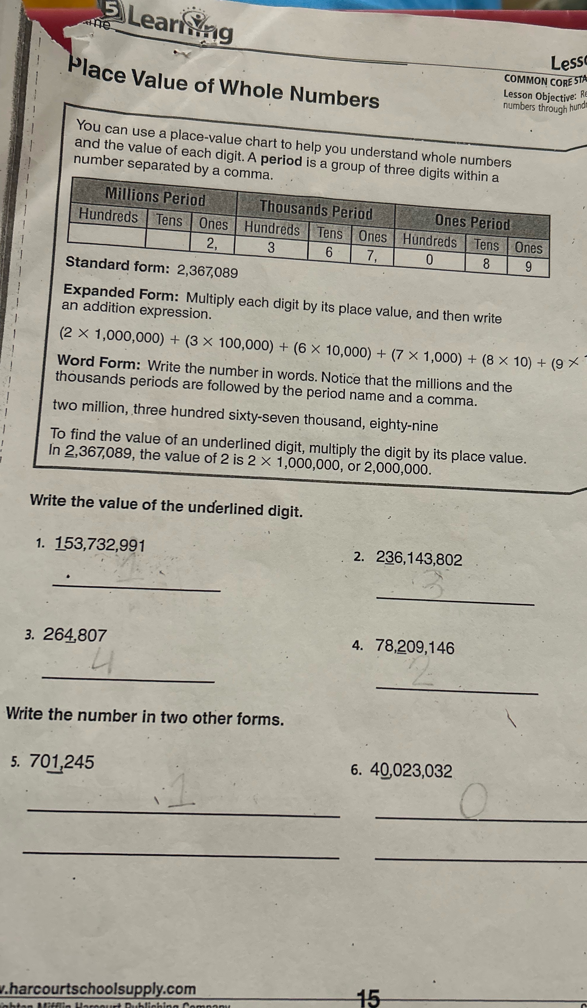 5 Learning Less COMMON CORE STA Place Value of
