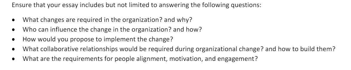 Ensure that your essay includes but not limited