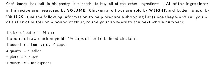 Chef James has salt in his pantry but needs to