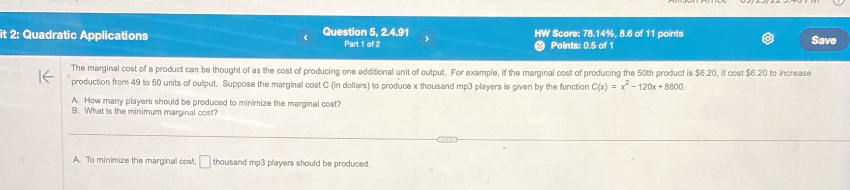 it 2: Quadratic Applications Question 5, 2.4.91
