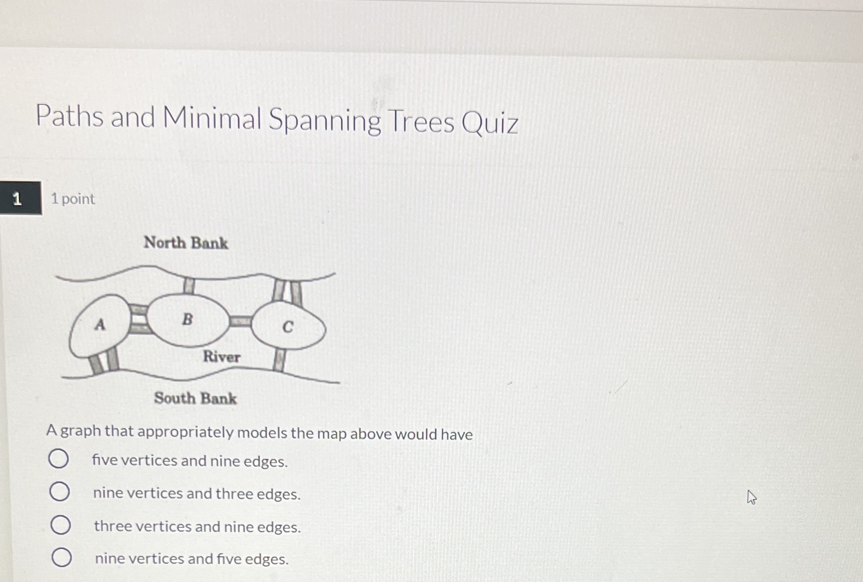 Paths and Minimal Spanning Trees Quiz 1 1 point