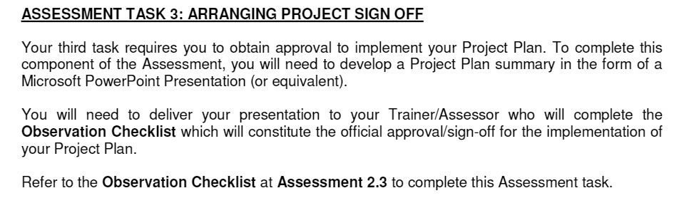ASSESSMENT TASK 3: ARRANGING PROJECT SIGN OFF