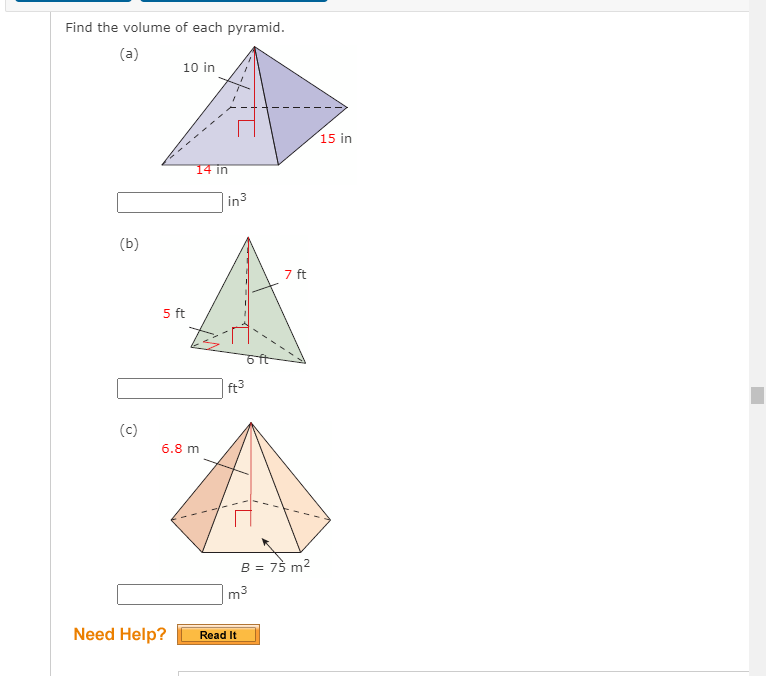 Find the volume of each pyramid. (a) 10 in 15 in