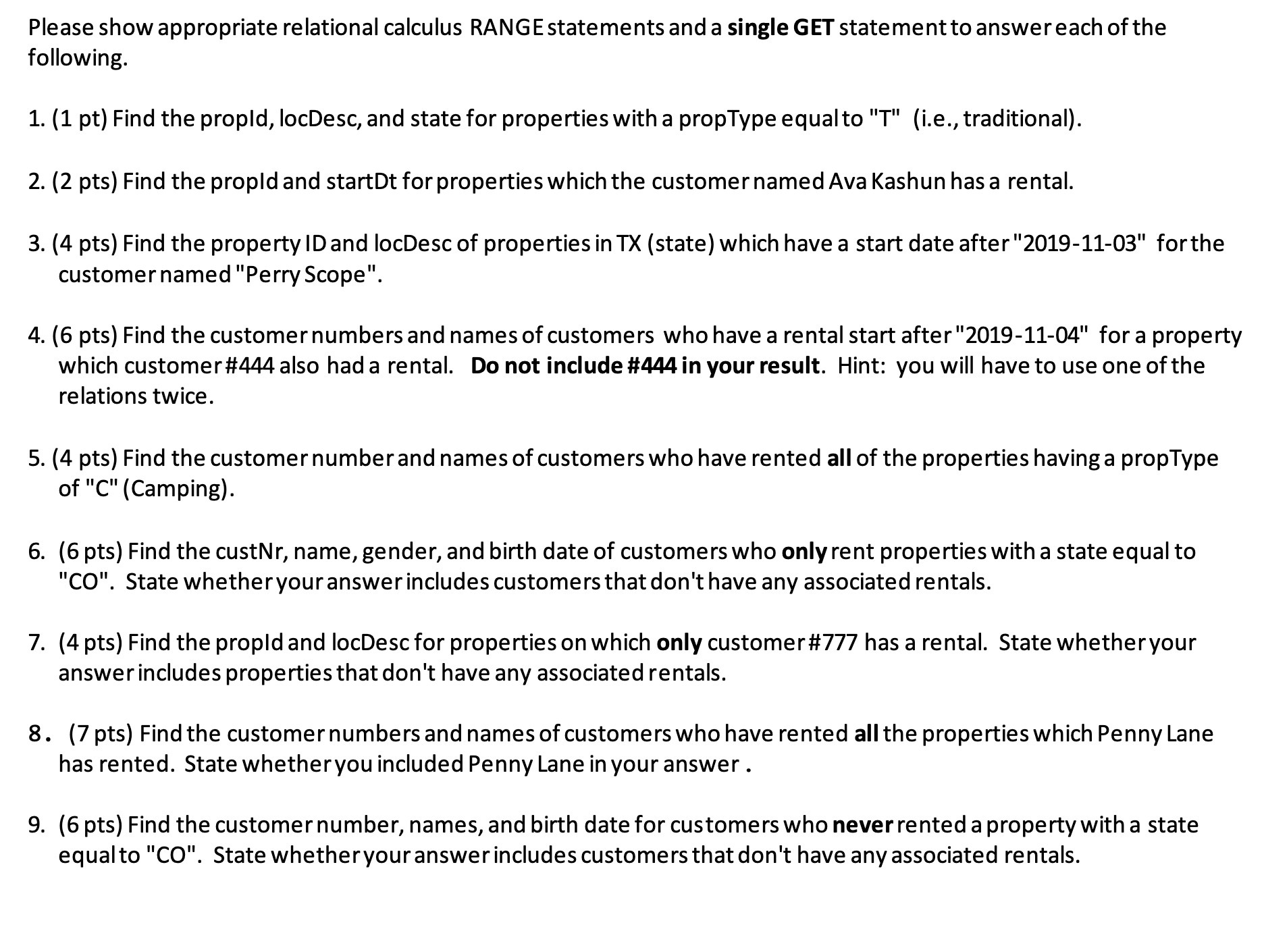 Please show appropriate relational calculus RANGE