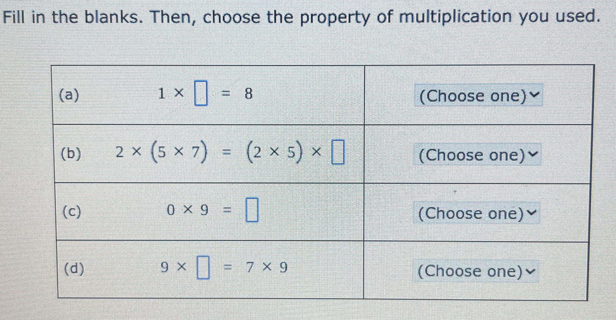 Fill in the blanks. Then, choose the property of