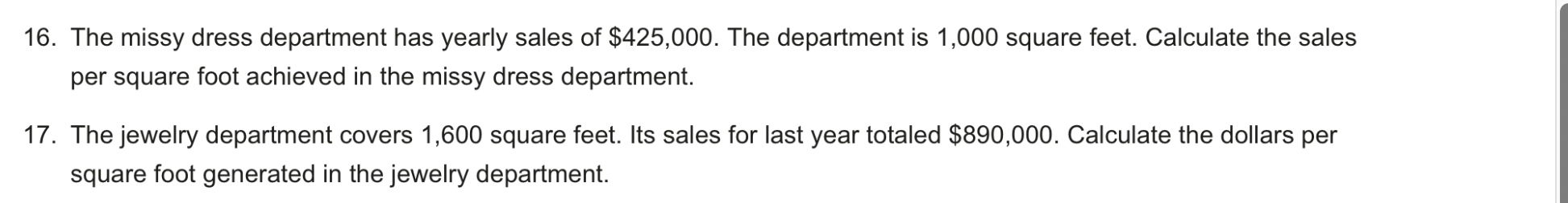 16. The missy dress department has yearly sales