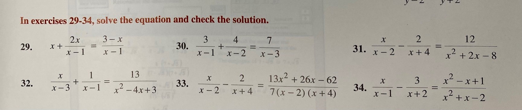 In exercises 29-34, solve the equation and check