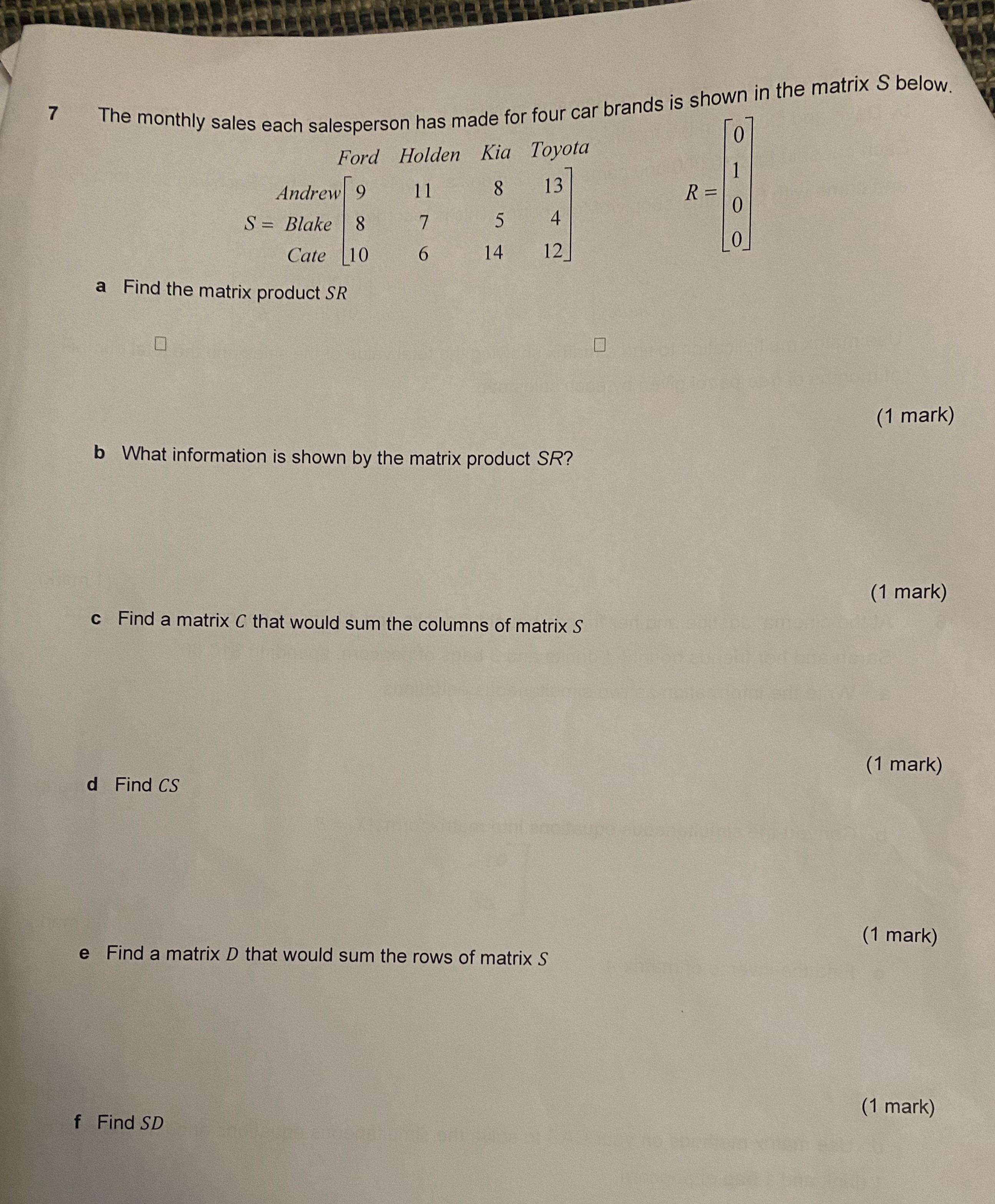 7 The monthly sales each salesperson has made for