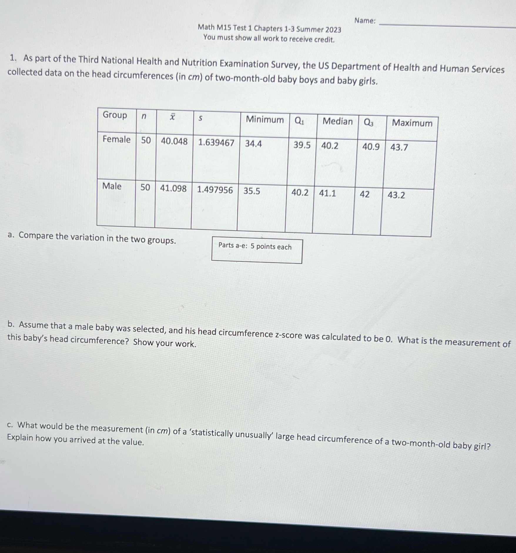 Name Math M15 Test 1 (haptnrcl 3 Summer 20)} You