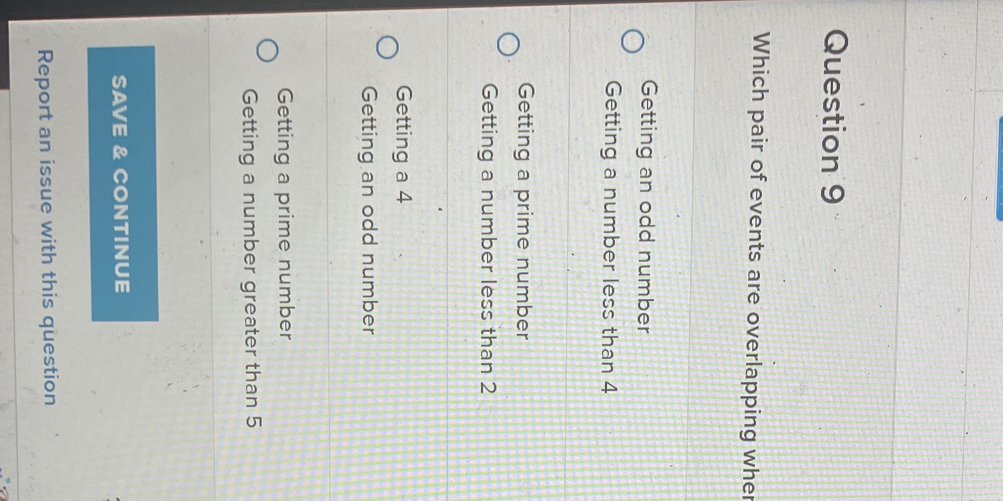 Which pair of events are overlapping when rolling