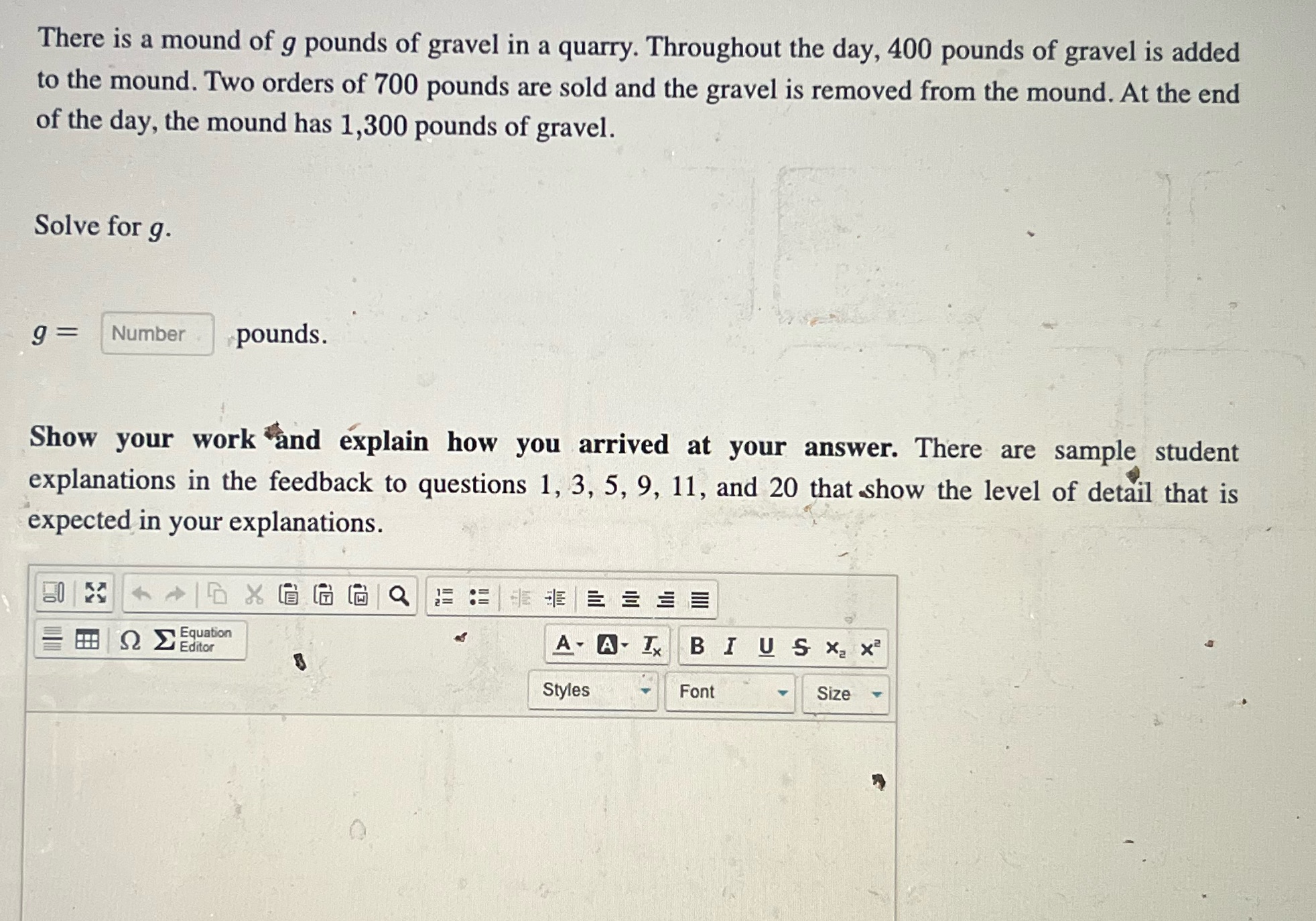 There is a mound of g pounds of gravel in a