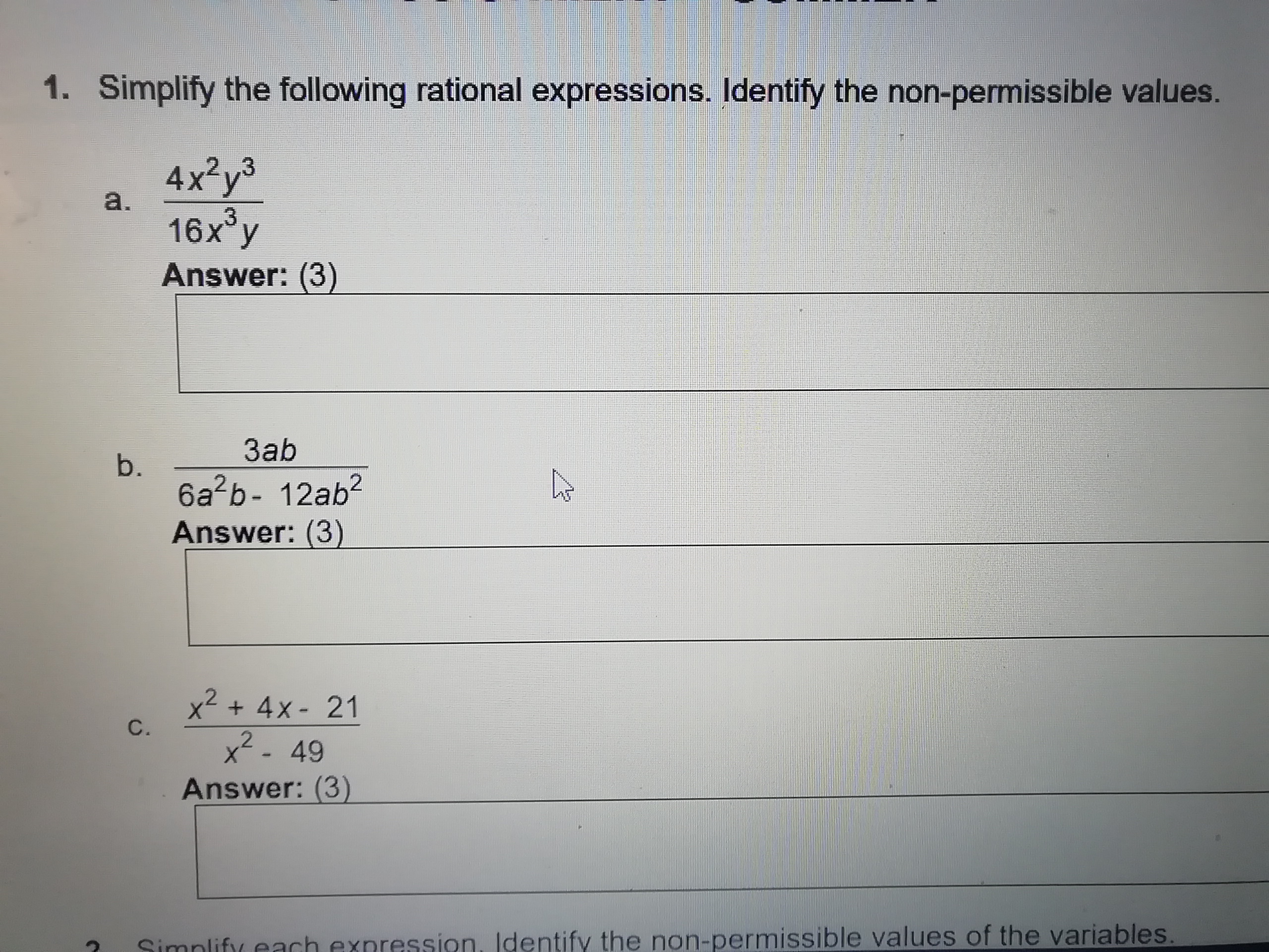 1. Simplify the following rational expressions.