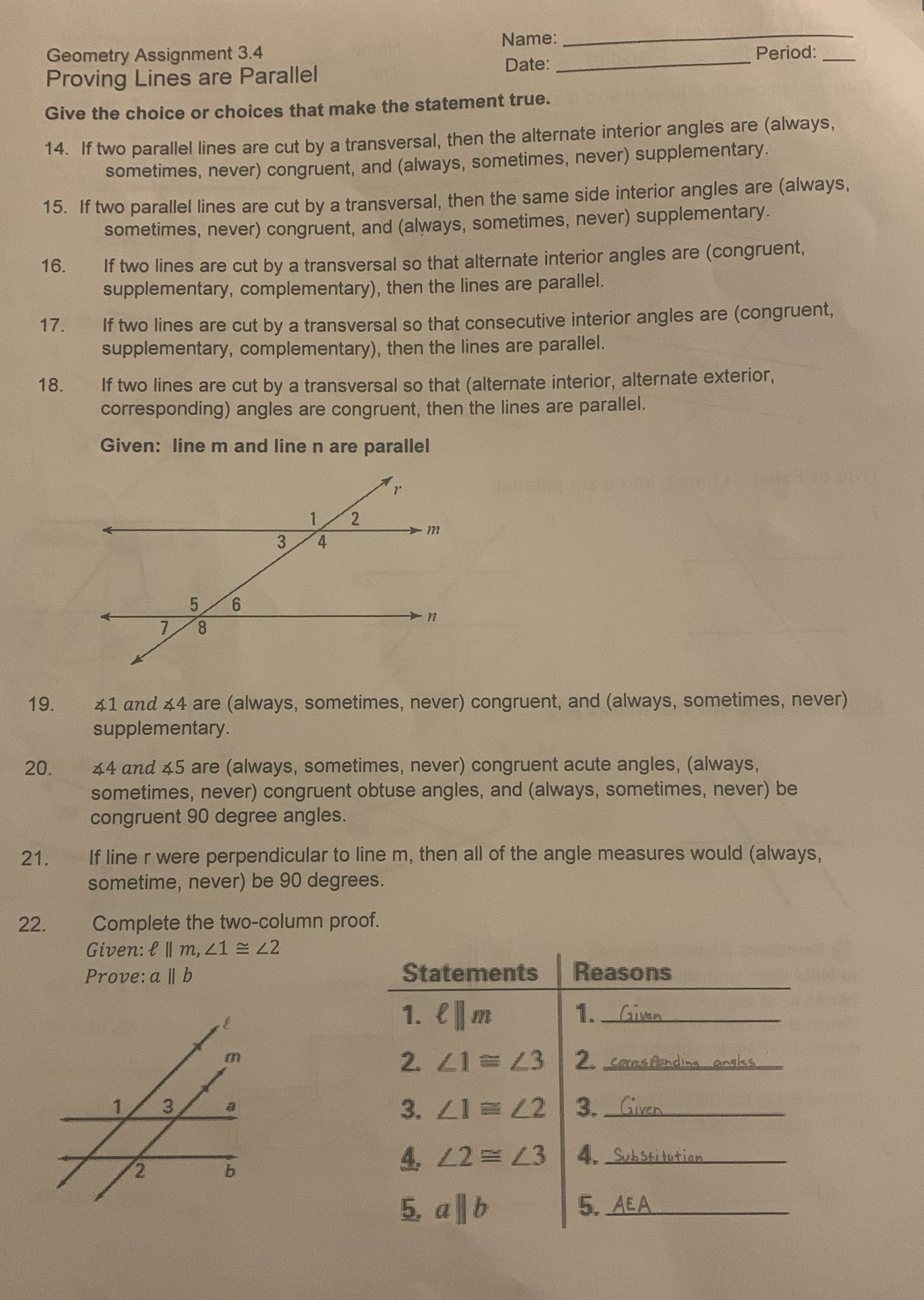 Geometry Assignment 3.4 Name: Period: Proving