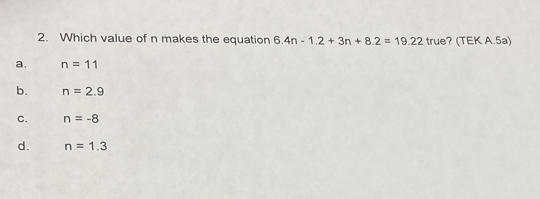 2. Which value of n makes the equation 6.4n - 1.2