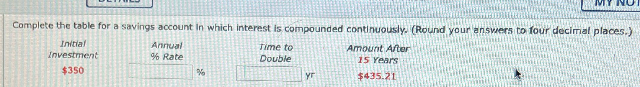 IMT NOT Complete the table for a savings account