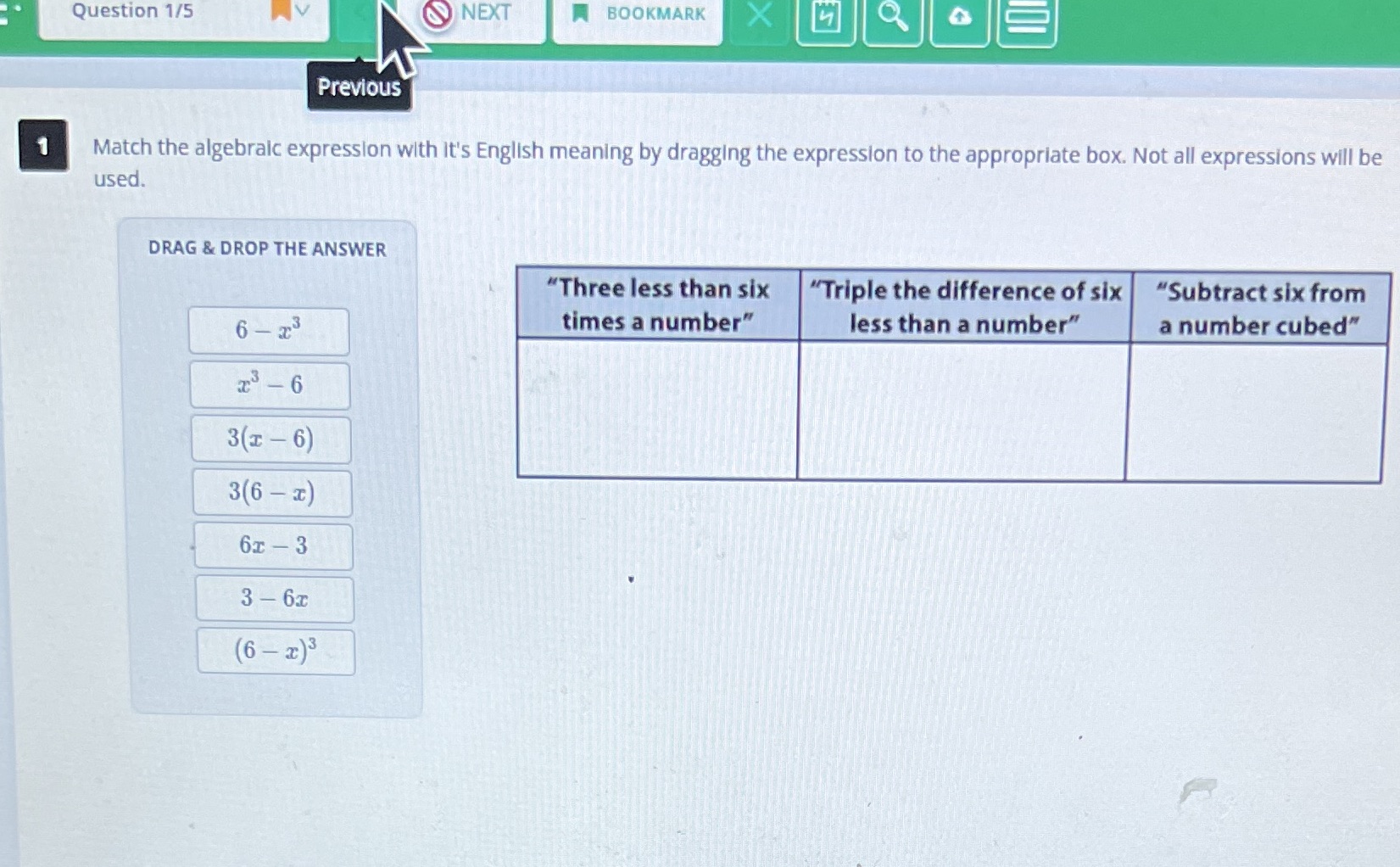 Question 1/5 WV NEXT BOOKMARK X Previous 1 Match