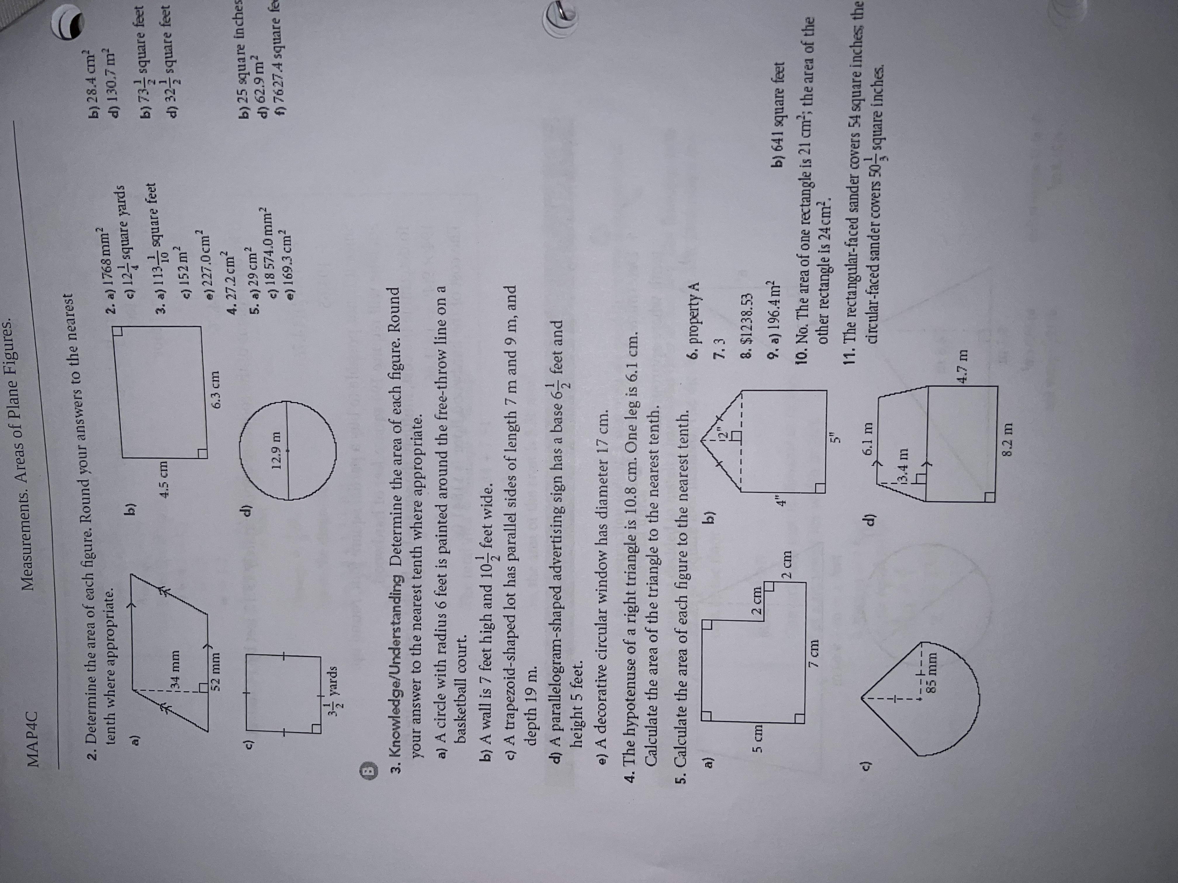 MAP4C Measurements. Areas of Plane Figures. 11. A