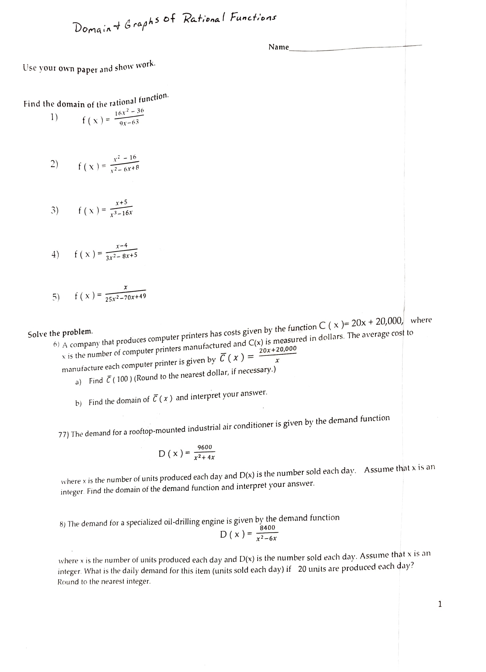 Domain+ Graphs of Rational Functions Name Use
