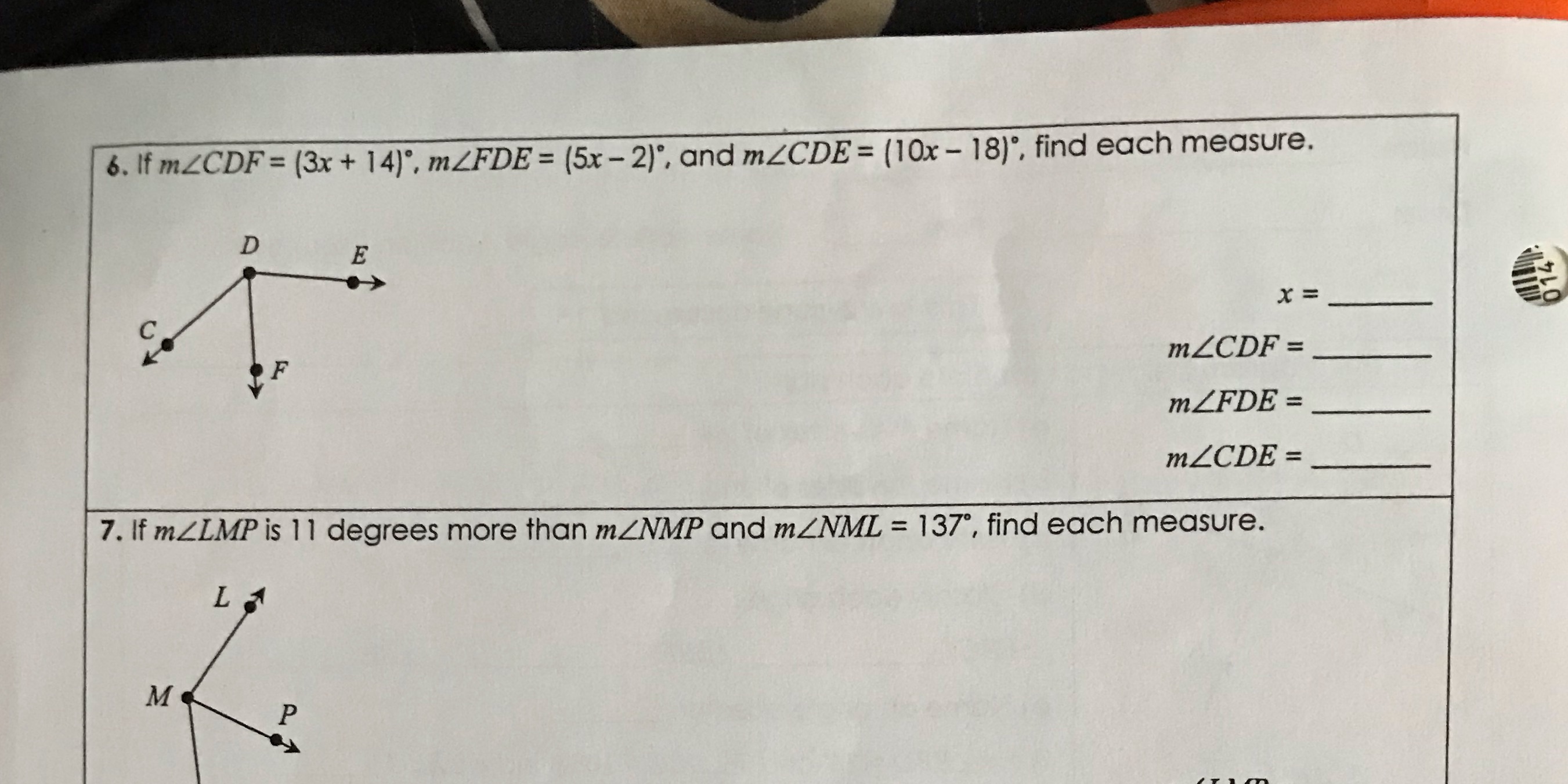 6. If mZCDF = (3x + 14) , mZFDE = (5x - 2) , and