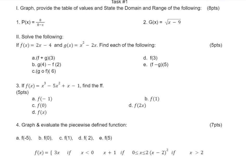 Task #1 1. Graph, provide the table of values and