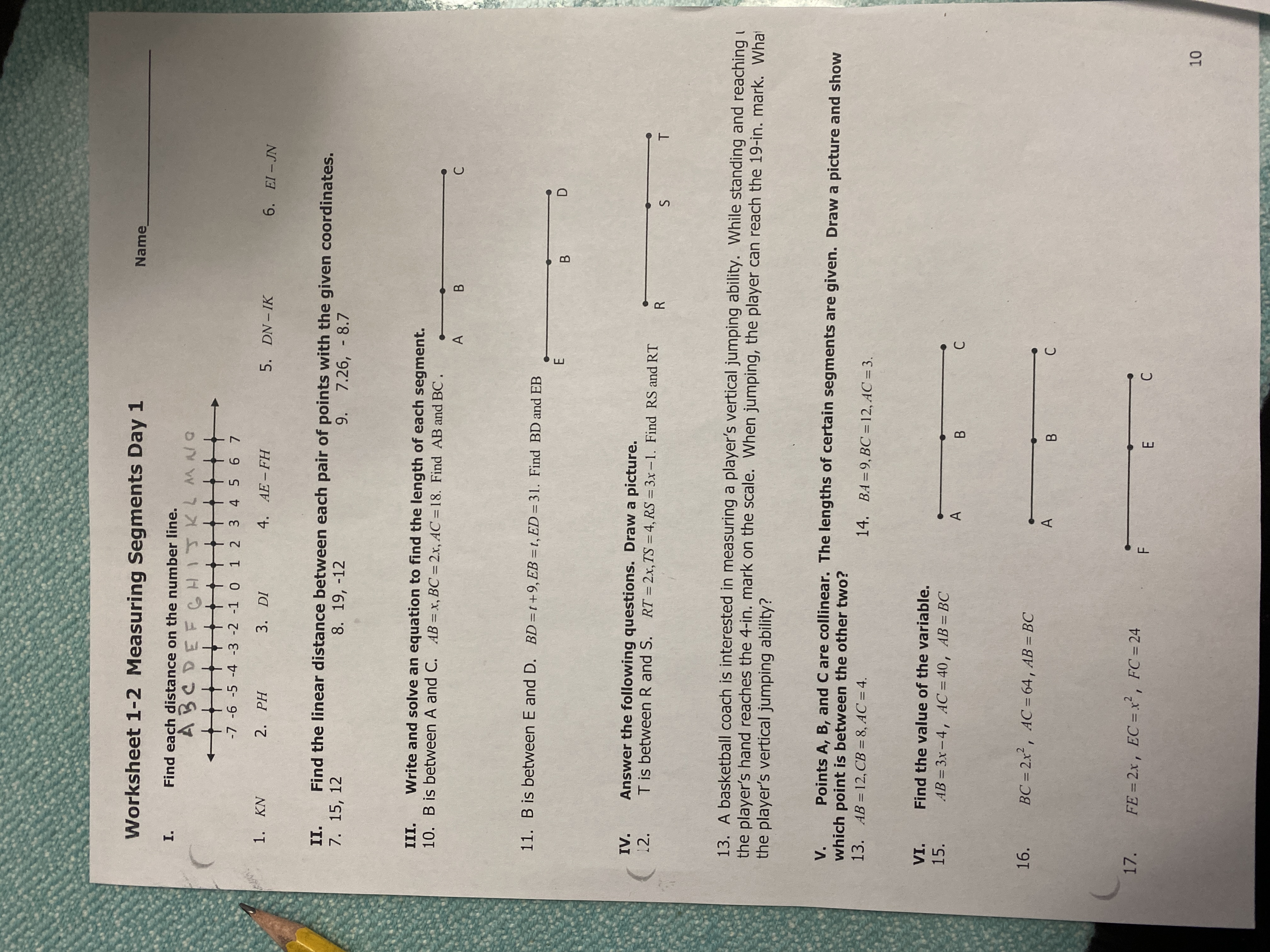 Worksheet 1-2 Measuring Segments Day 1 Name_ I.