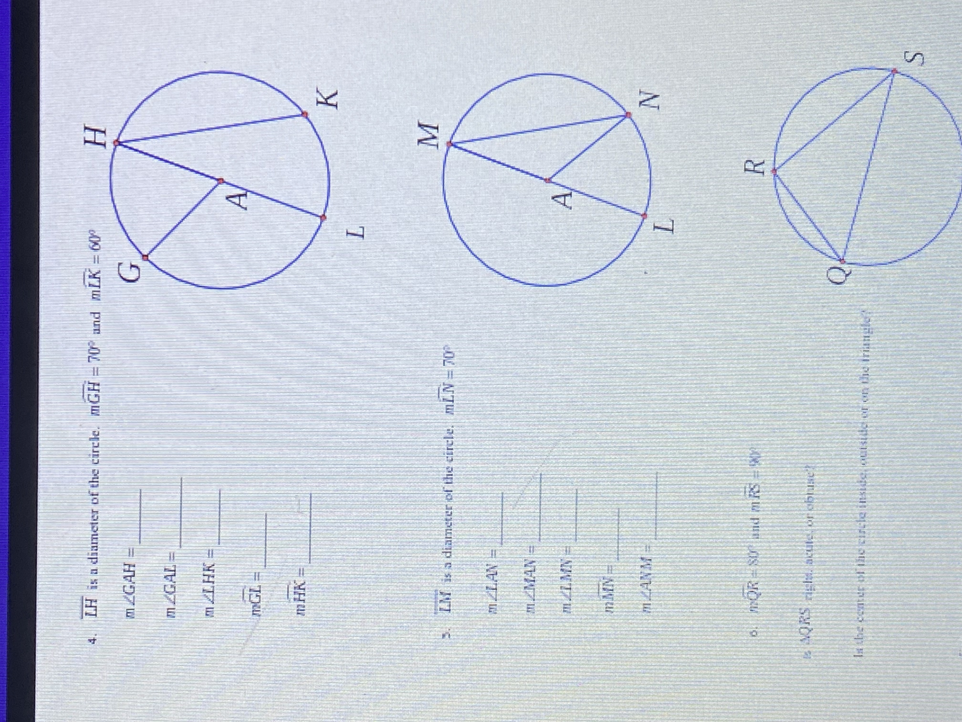 Find the missing angle and arc measures in the