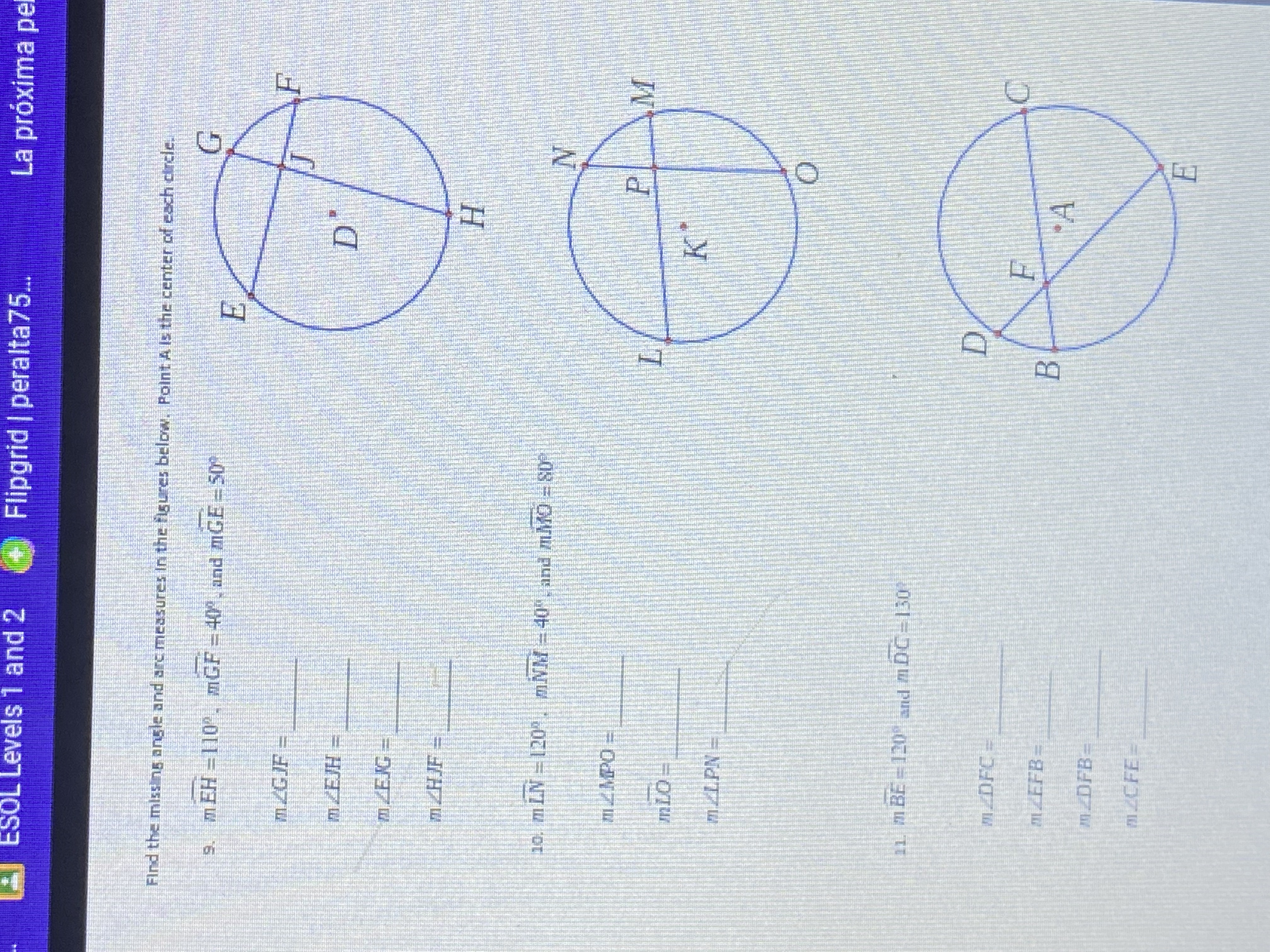 Find the missing angle and arc measures in the