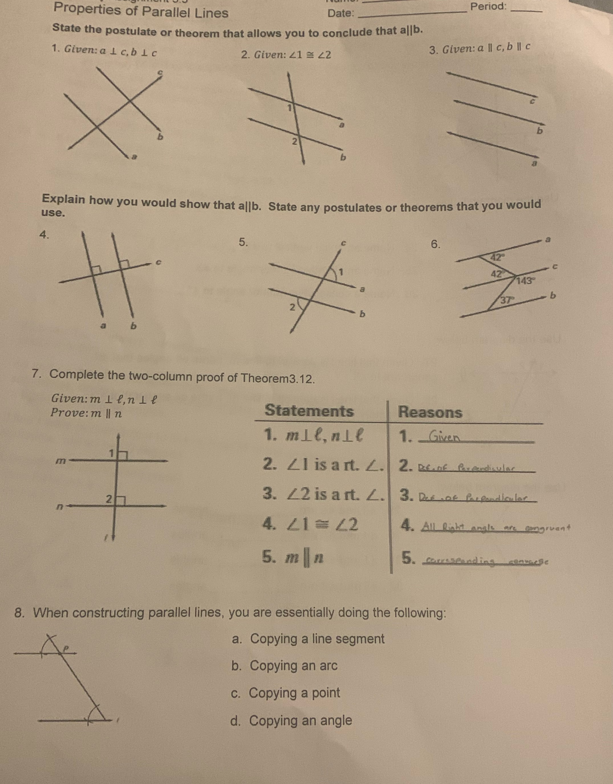 Properties of Parallel Lines Period: Date: State