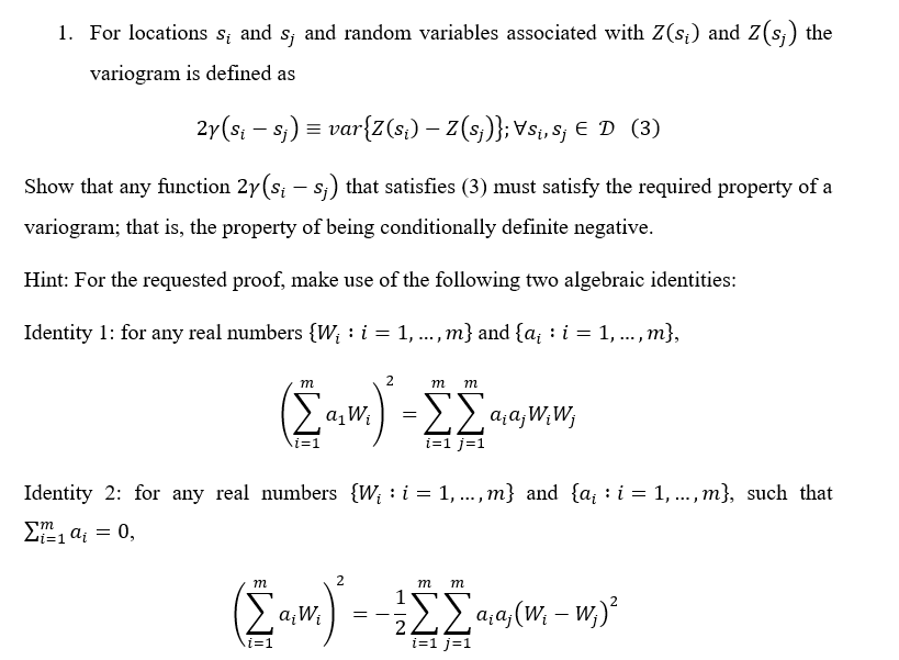1. For locations s; and s, and random variables