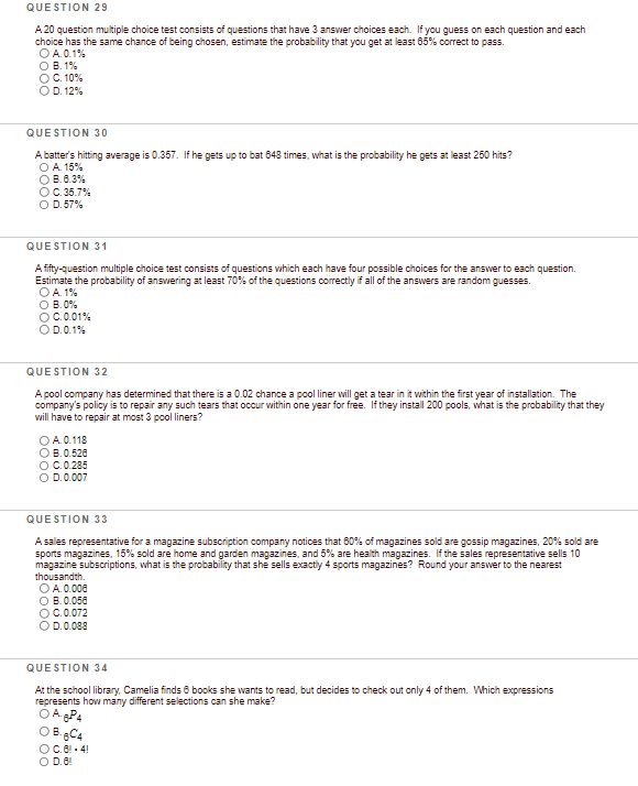 QUESTION 29 A 20 question multiple choice test