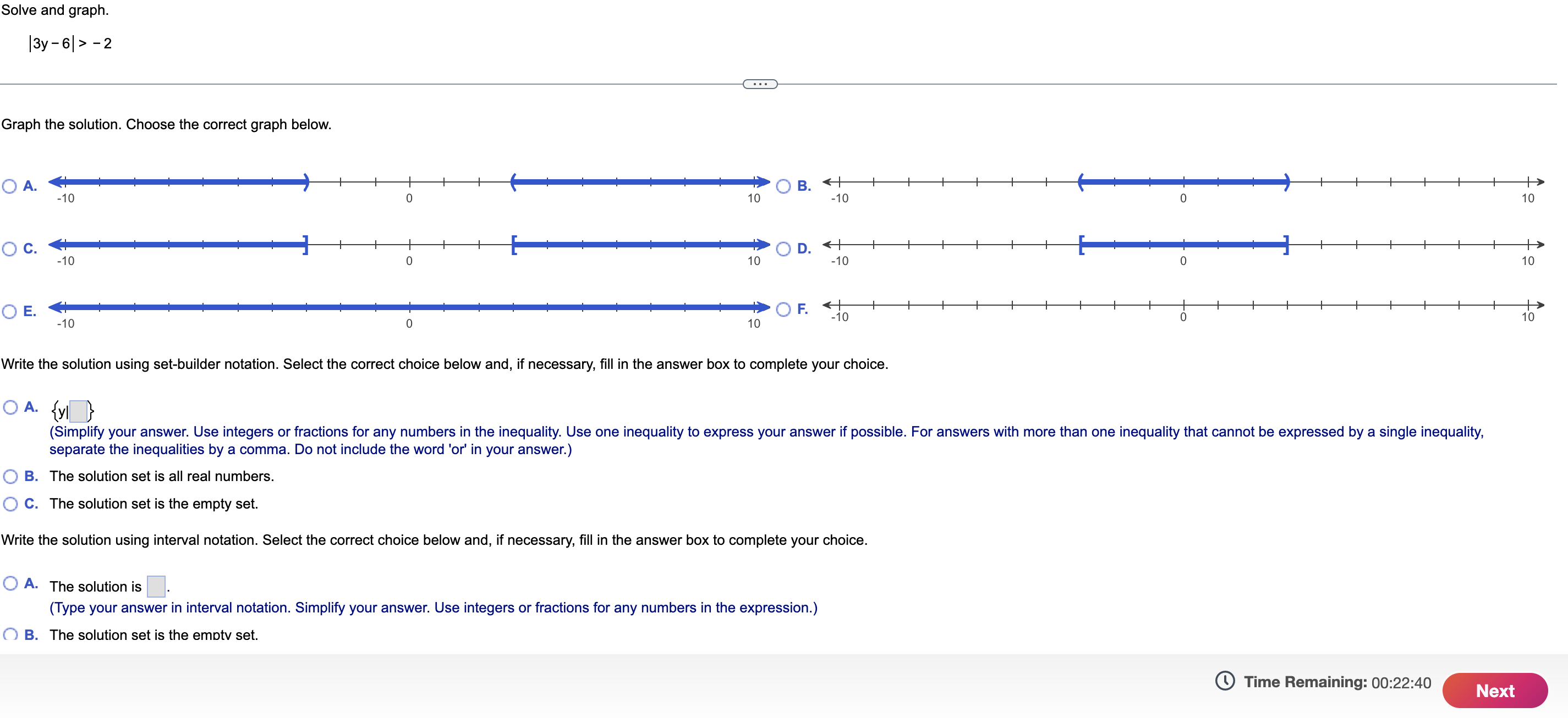 Solve and graph. I3y-6|>-2 Graph the solution.