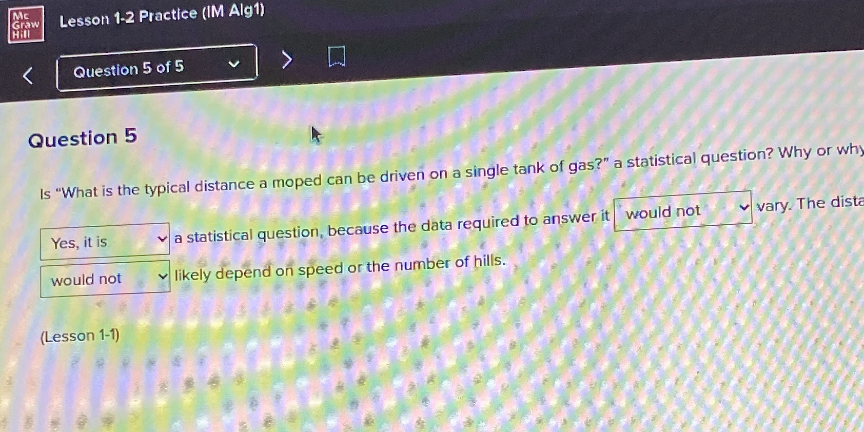 Mc Graw Lesson 1-2 Practice (IM Alg1) Hill