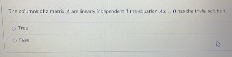 \fThe columns of a matrix A are linearly