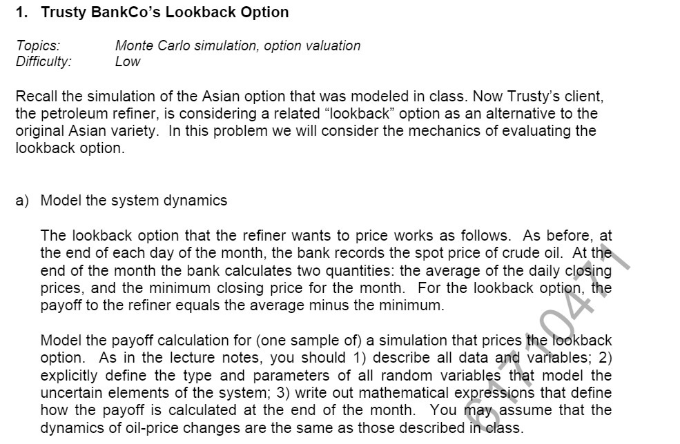 1. Trusty BankCo's Lookback Option Topics: