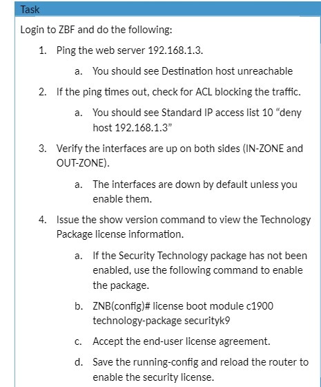 Task Login to ZBF and do the following: 1. Ping