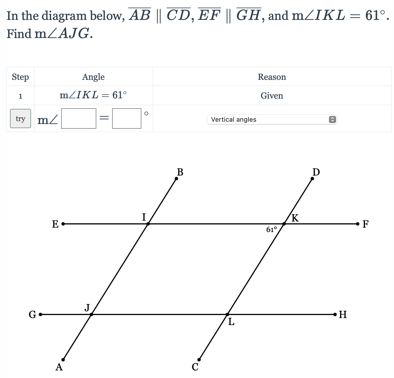 In the diagram below, AB || CD, EF || GH, and
