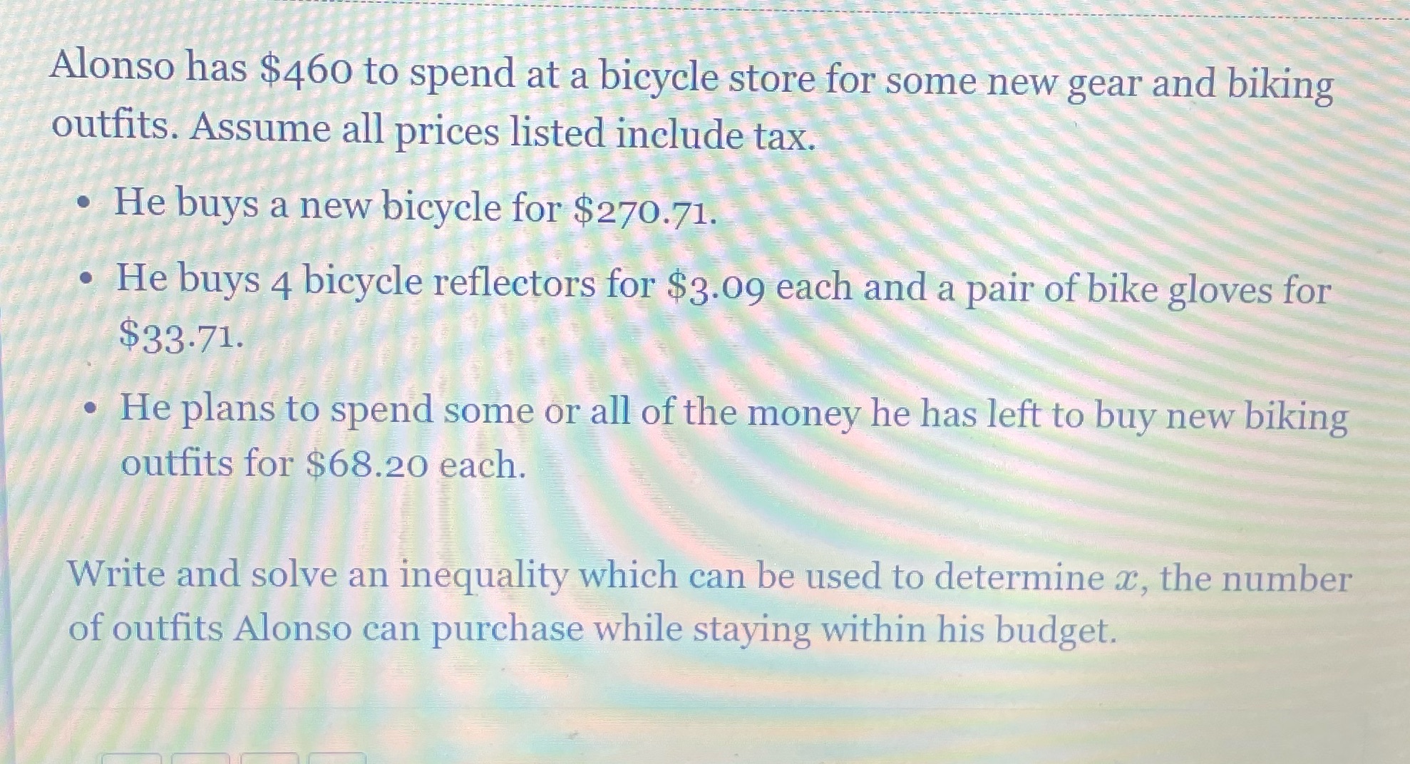 what would be the inequality? Alonso has $460 to